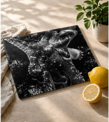Octopus Glass Cutting Board – Ocean Photography Kitchen Decor, Black & White Coastal Art Board