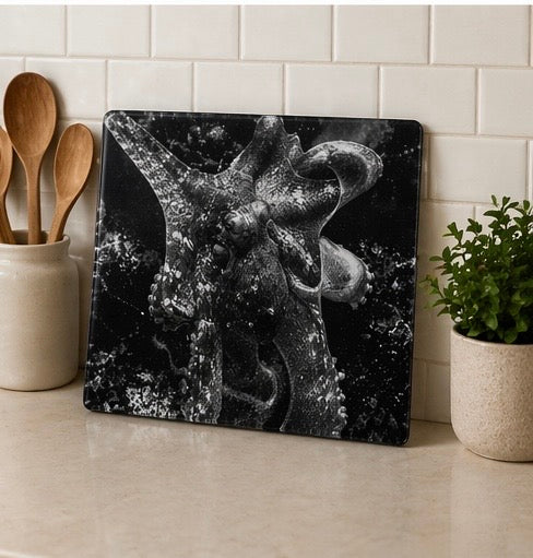 Octopus Glass Cutting Board – Ocean Photography Kitchen Decor, Black & White Coastal Art Board