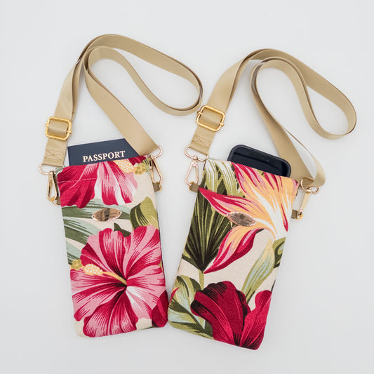 Floral Crossbody Phone Bag – Hibiscus & Bird of Paradise Prints