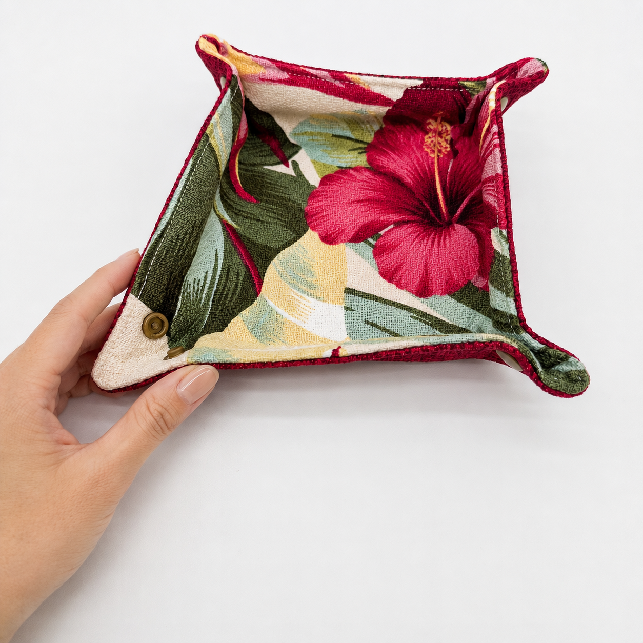 Reversible Hibiscus & Bird of Paradise Fabric Coaster Set with Snap Tray Holder