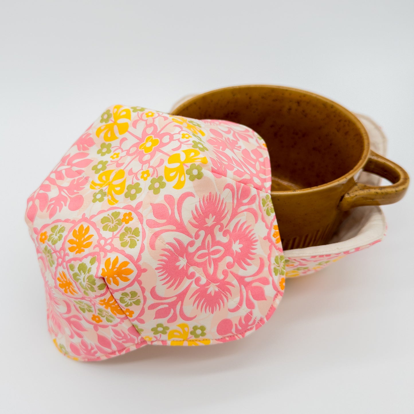 Pink Hawaiian Quilt-Inspired Bowl Cozy Set – Handmade Tropical Floral Bowl Holders