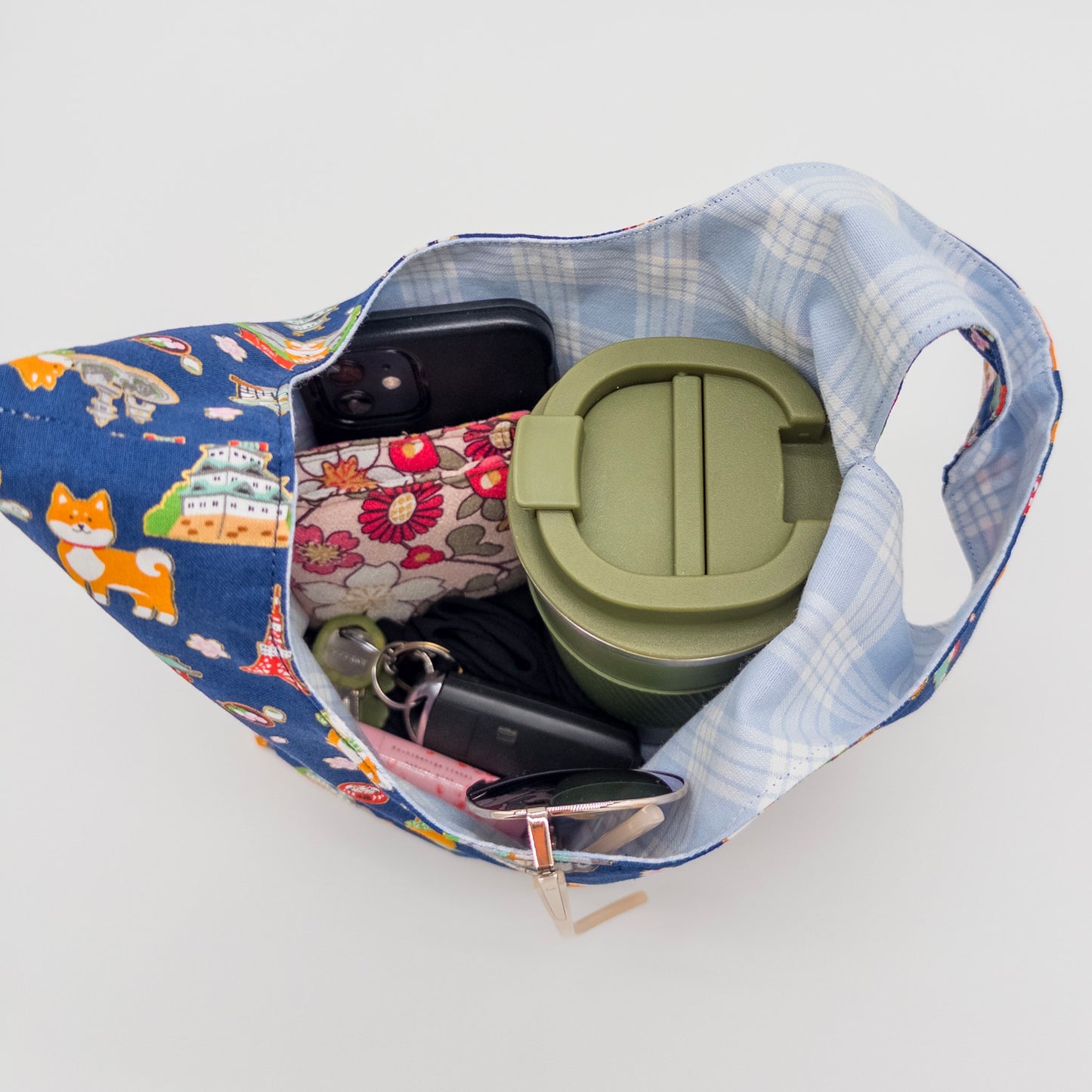 Reversible Japanese Knot Bag | Shiba Inu Summer Festival Print with Hawaiian Palaka Lining | Handmade in Hawaiʻi