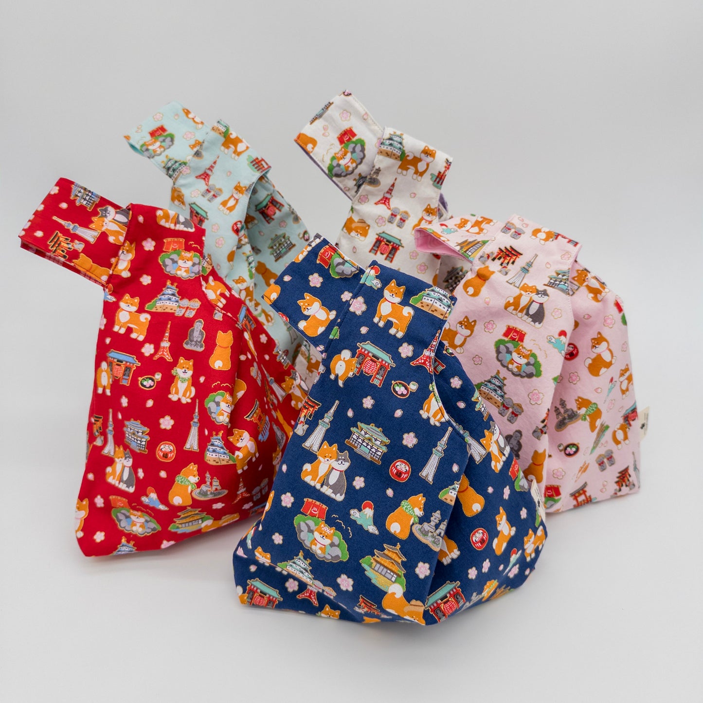 Reversible Japanese Knot Bag | Shiba Inu Summer Festival Print with Hawaiian Palaka Lining | Handmade in Hawaiʻi