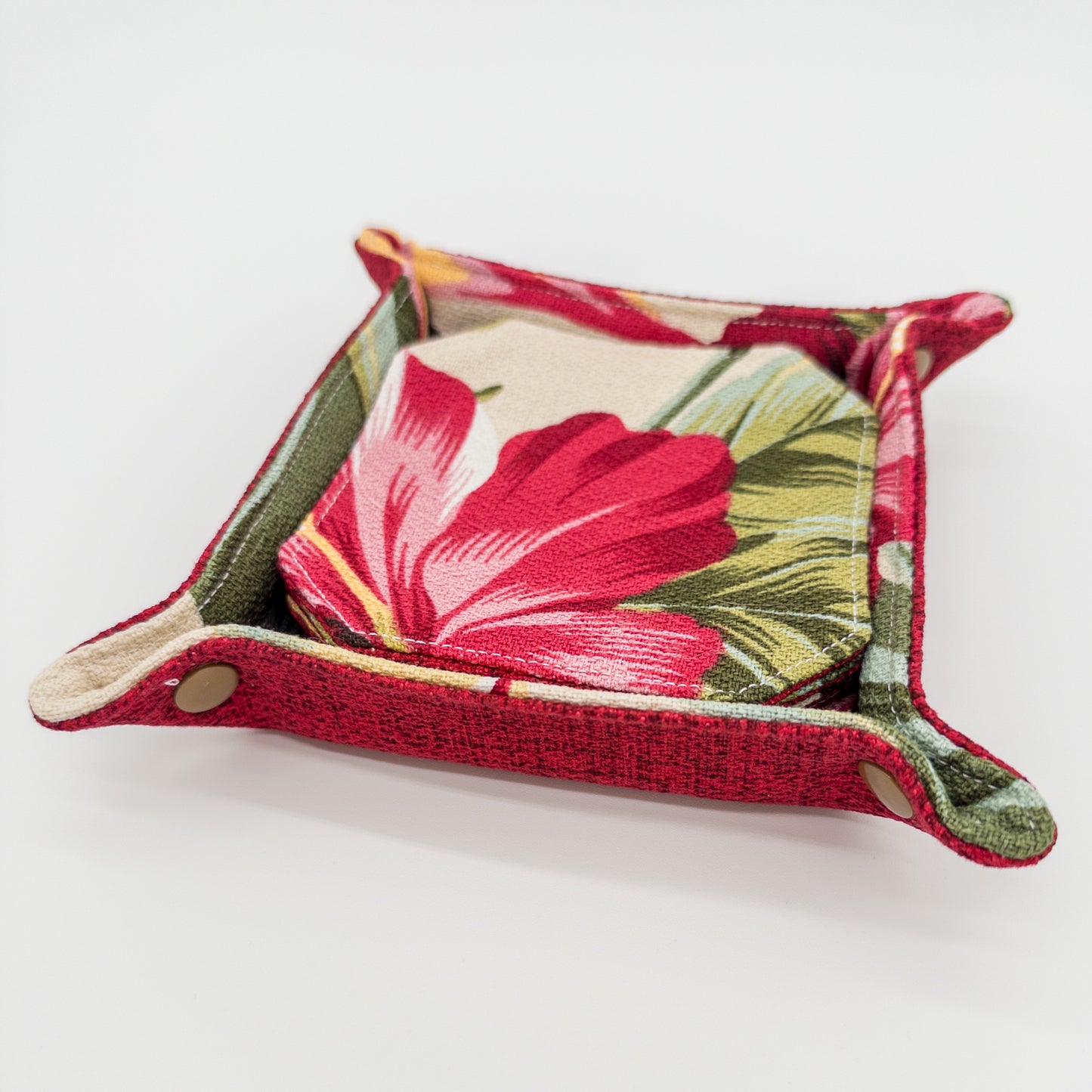Reversible Hibiscus & Bird of Paradise Fabric Coaster Set with Snap Tray Holder