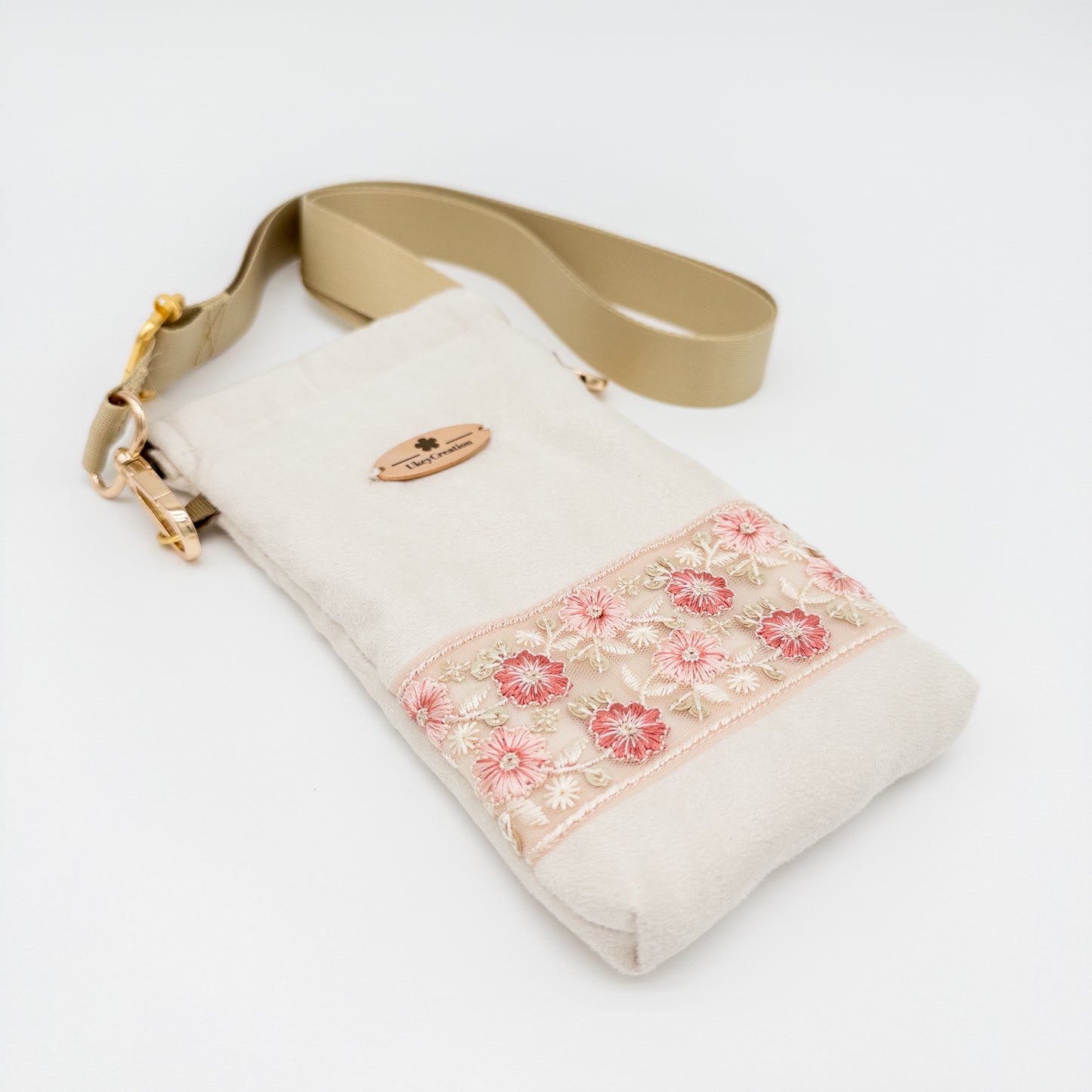 Champagne Floral Embroidered Phone Crossbody Bag
