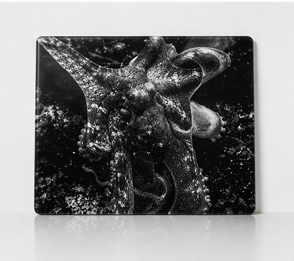 Octopus Glass Cutting Board – Ocean Photography Kitchen Decor, Black & White Coastal Art Board