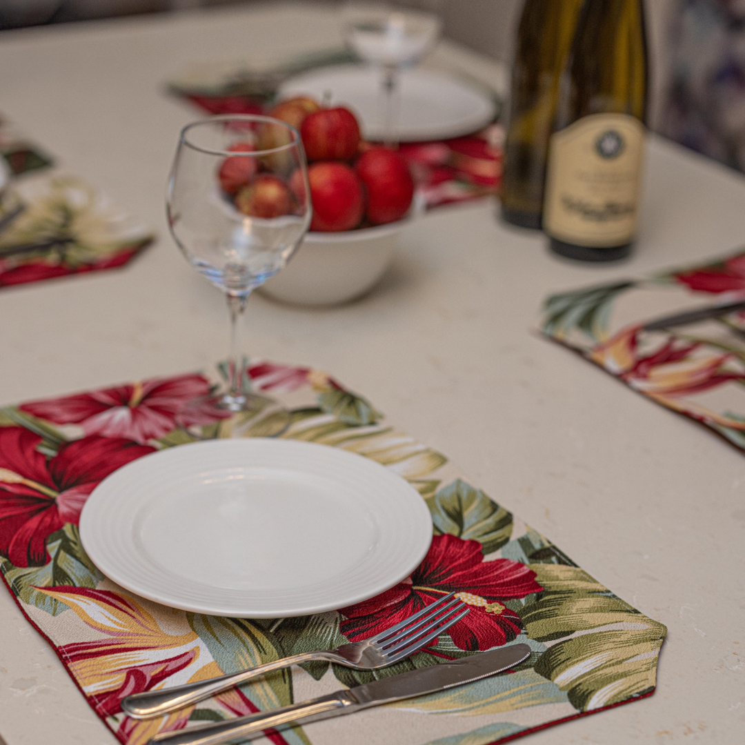 Hibiscus & Bird of Paradise Reversible Barkcloth Placemats