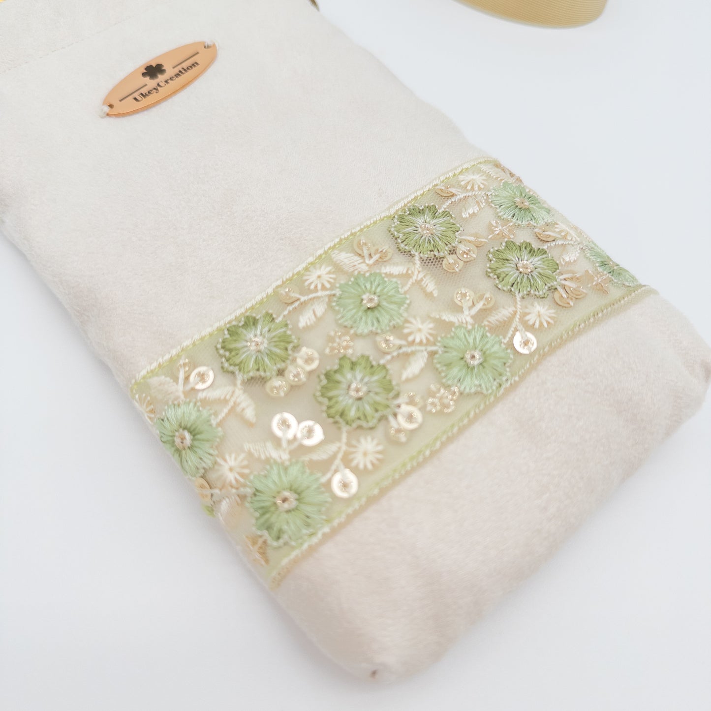 Champagne Floral Embroidered Phone Crossbody Bag