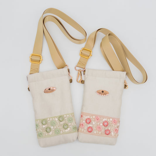 Champagne Floral Embroidered Phone Crossbody Bag