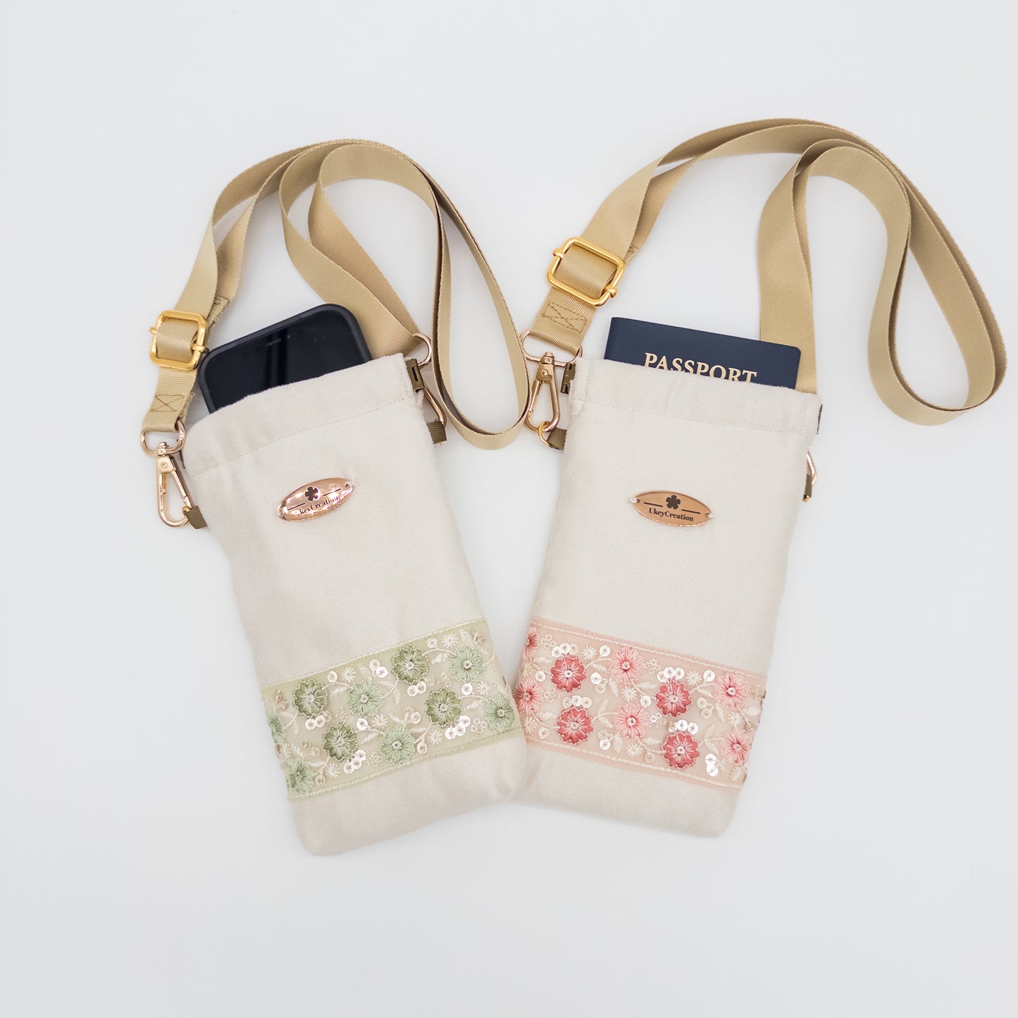 Champagne Floral Embroidered Phone Crossbody Bag