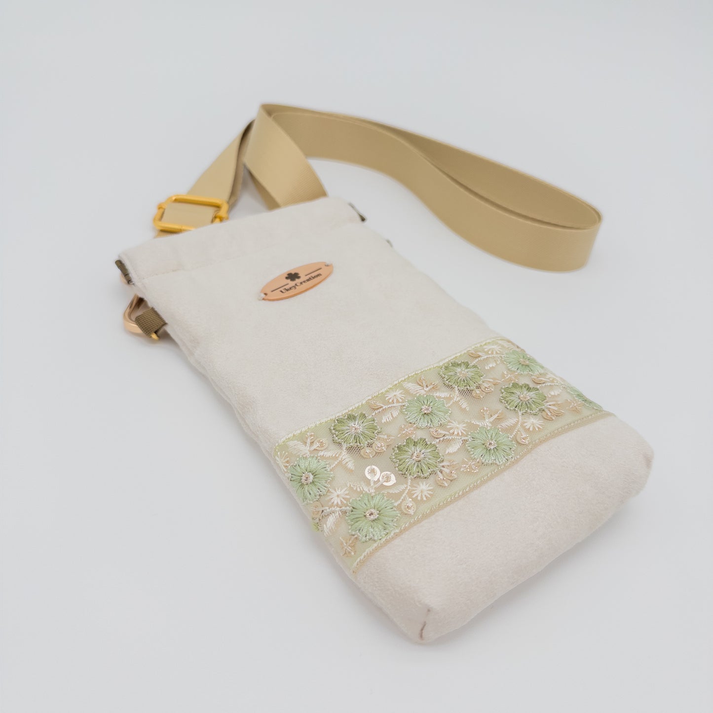 Champagne Floral Embroidered Phone Crossbody Bag