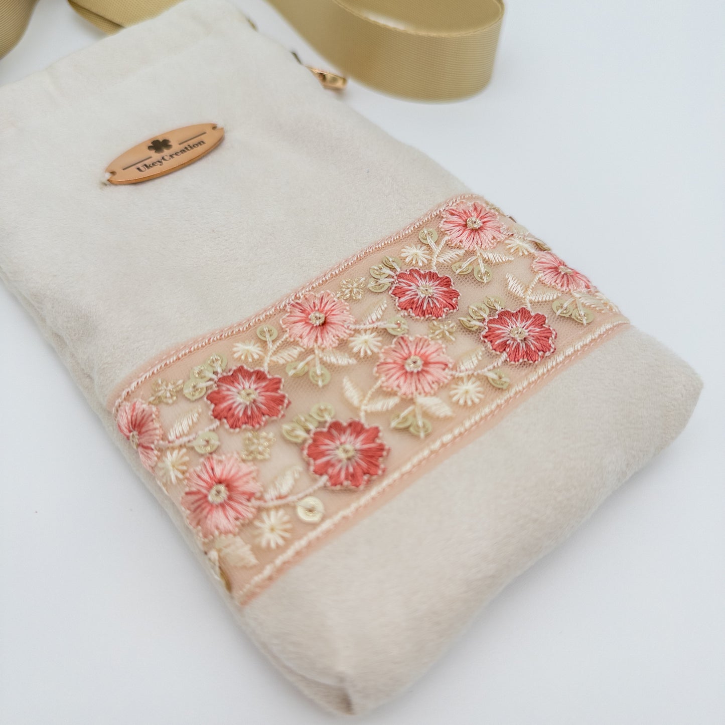 Champagne Floral Embroidered Phone Crossbody Bag