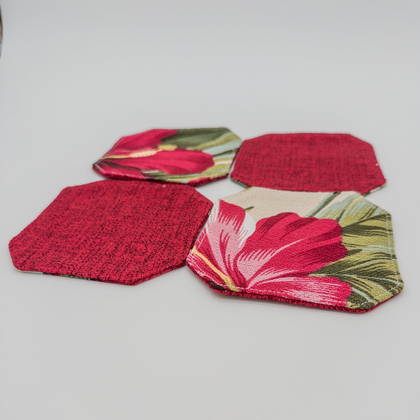 Reversible Hibiscus & Bird of Paradise Fabric Coaster Set with Snap Tray Holder