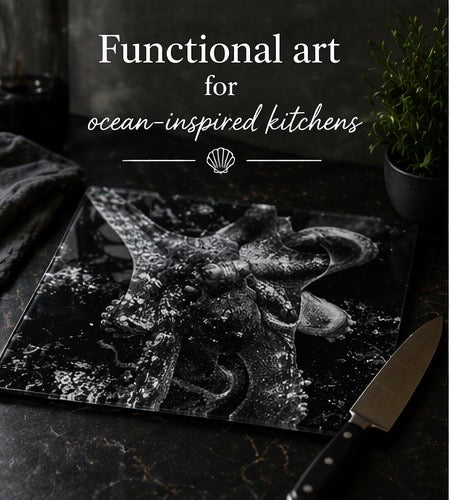 Octopus Glass Cutting Board – Ocean Photography Kitchen Decor, Black & White Coastal Art Board