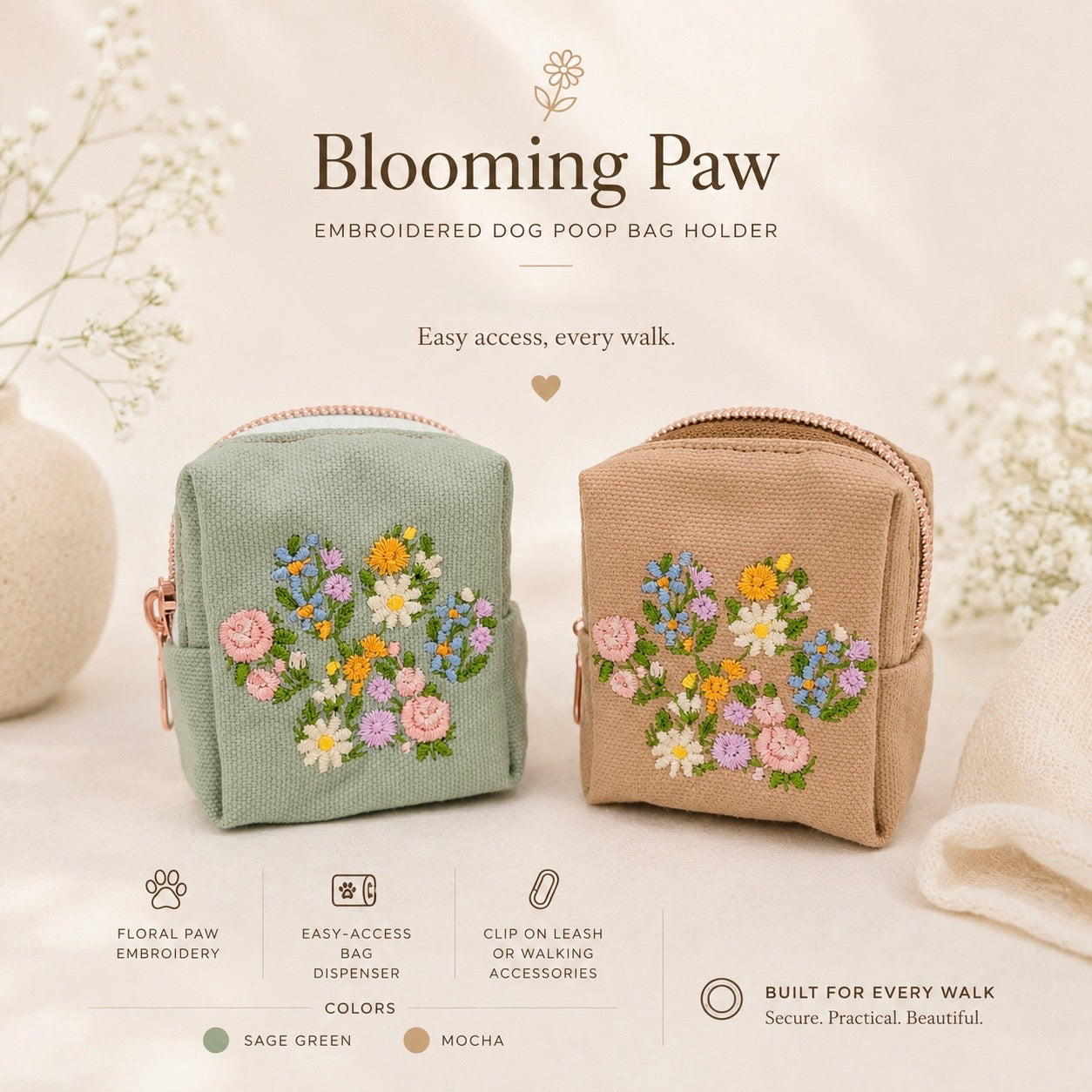 Blooming Paw Embroidered Dog Poo Bag Holder