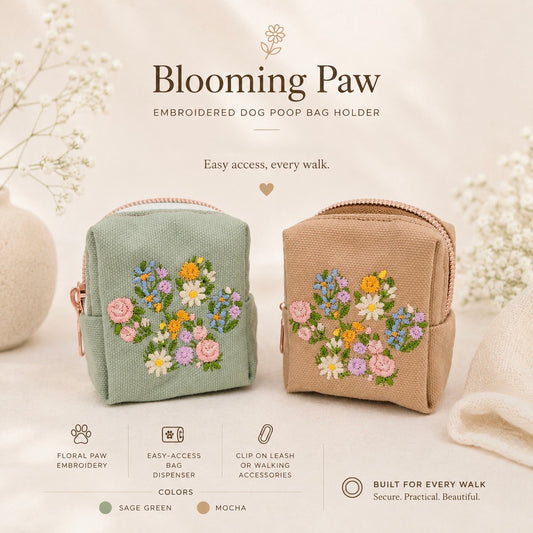 Blooming Paw Embroidered Dog Poo Bag Holder