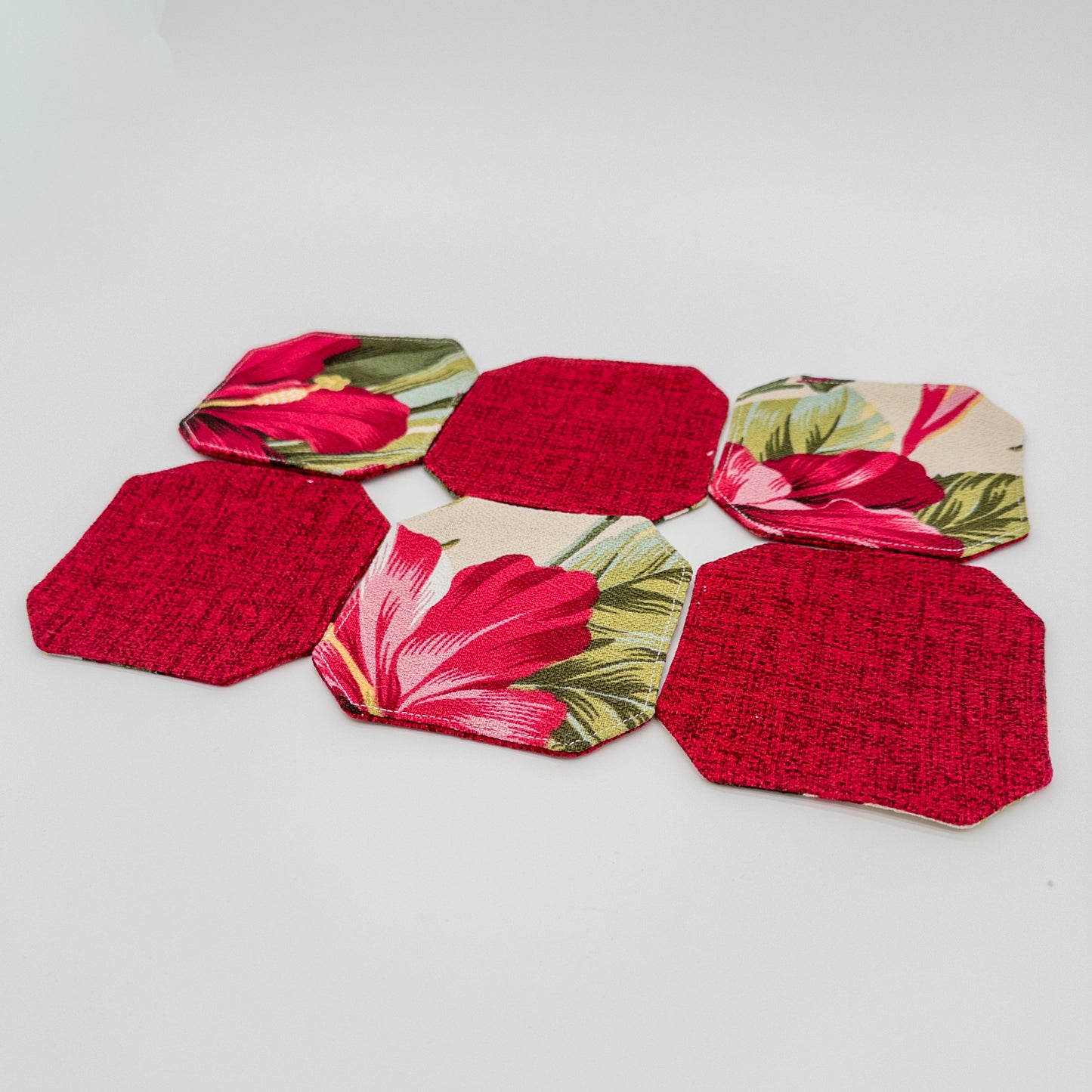 Reversible Hibiscus & Bird of Paradise Fabric Coaster Set with Snap Tray Holder