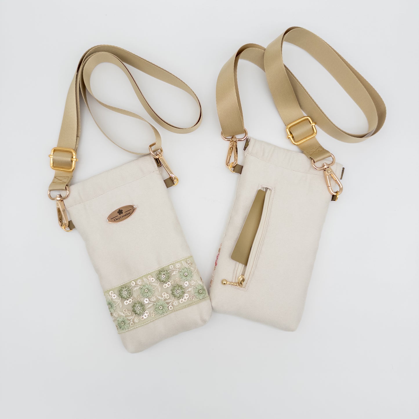 Champagne Floral Embroidered Phone Crossbody Bag