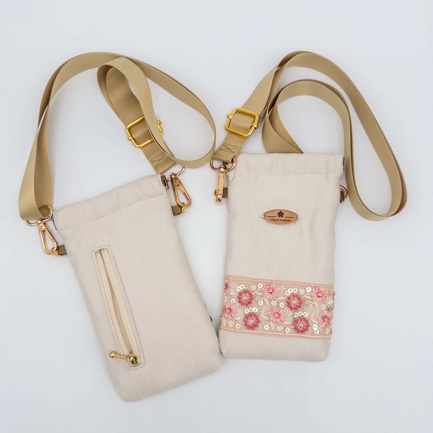 Champagne Floral Embroidered Phone Crossbody Bag