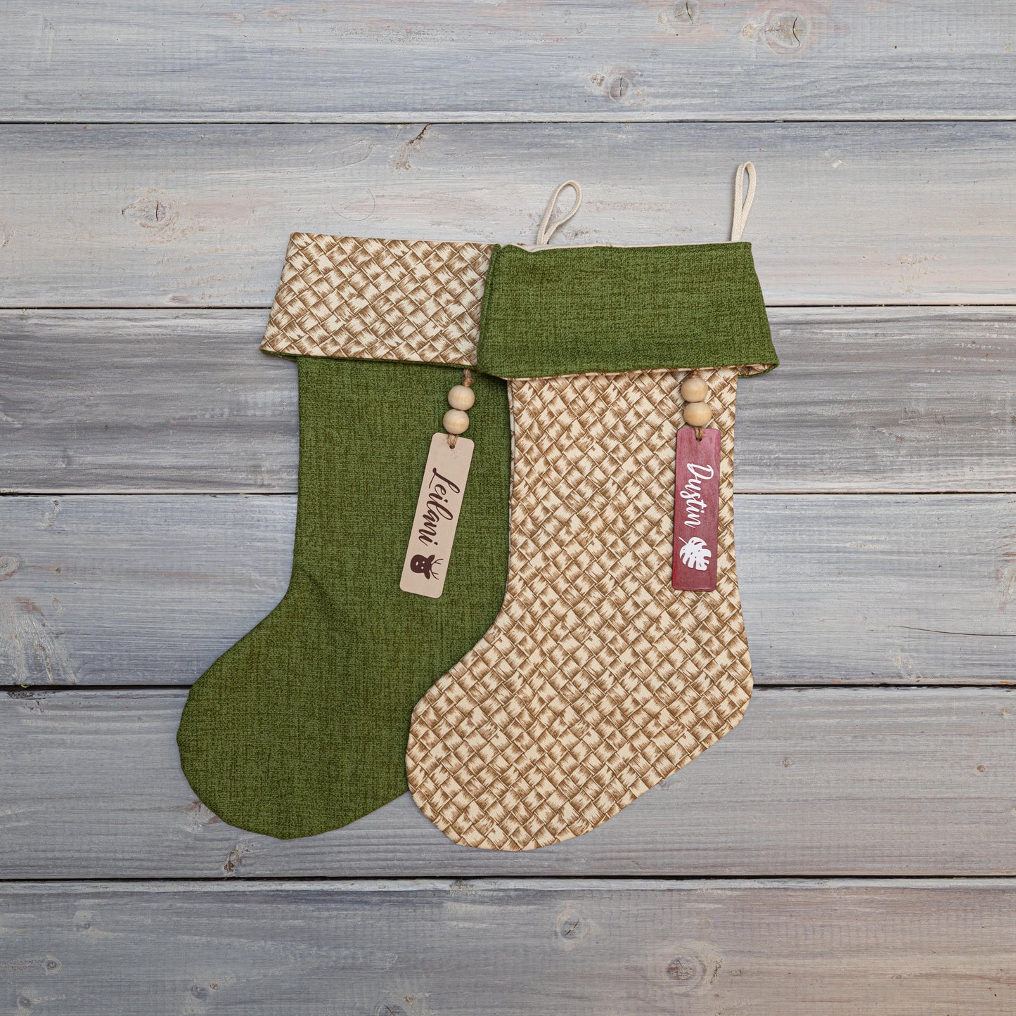 Hawaiian Lauhala-Weave Barkcloth Christmas Stocking with Personalized Wooden Name Tag – Coastal Hawaiian Holiday Décor