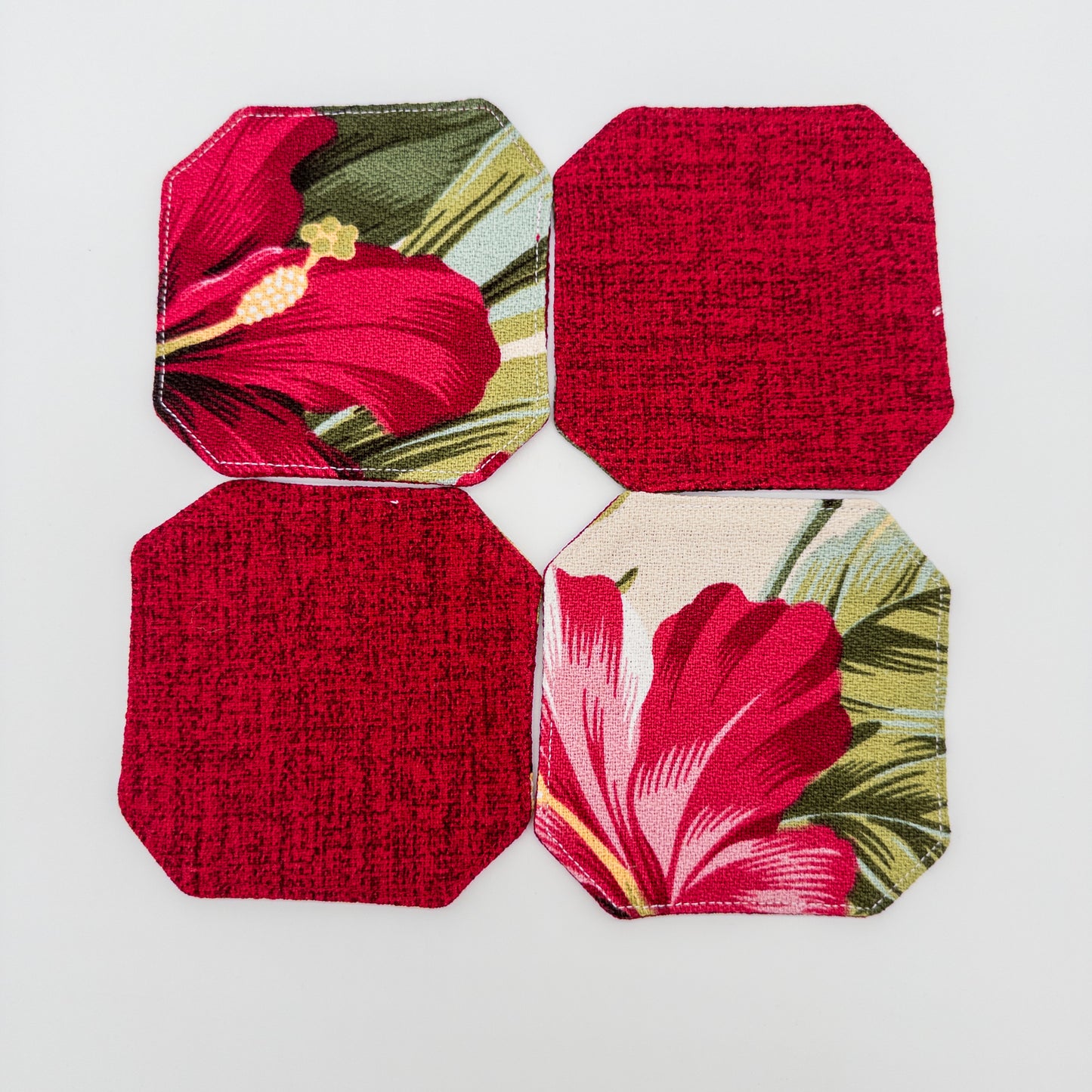 Reversible Hibiscus & Bird of Paradise Fabric Coaster Set with Snap Tray Holder