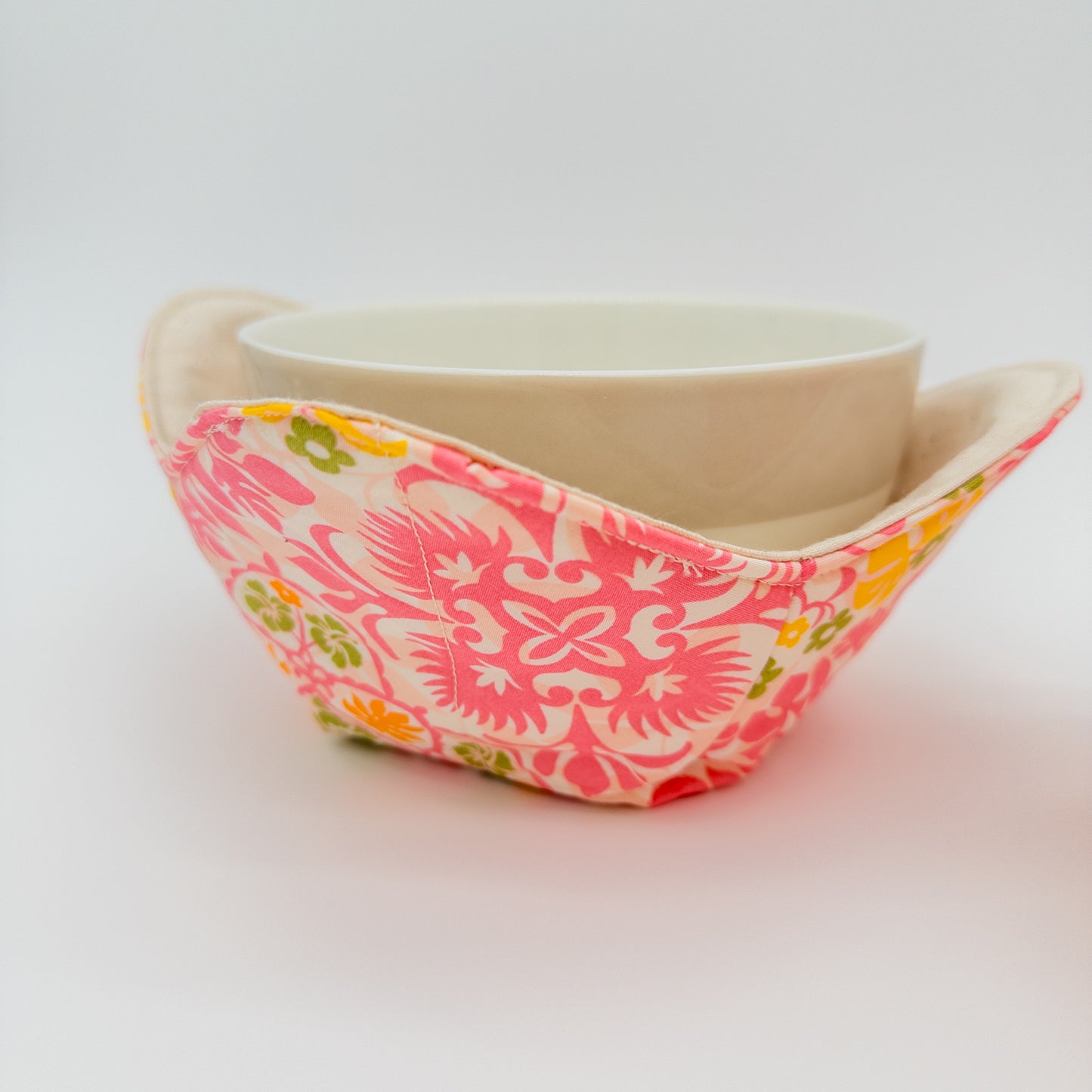 Pink Hawaiian Quilt-Inspired Bowl Cozy Set – Handmade Tropical Floral Bowl Holders