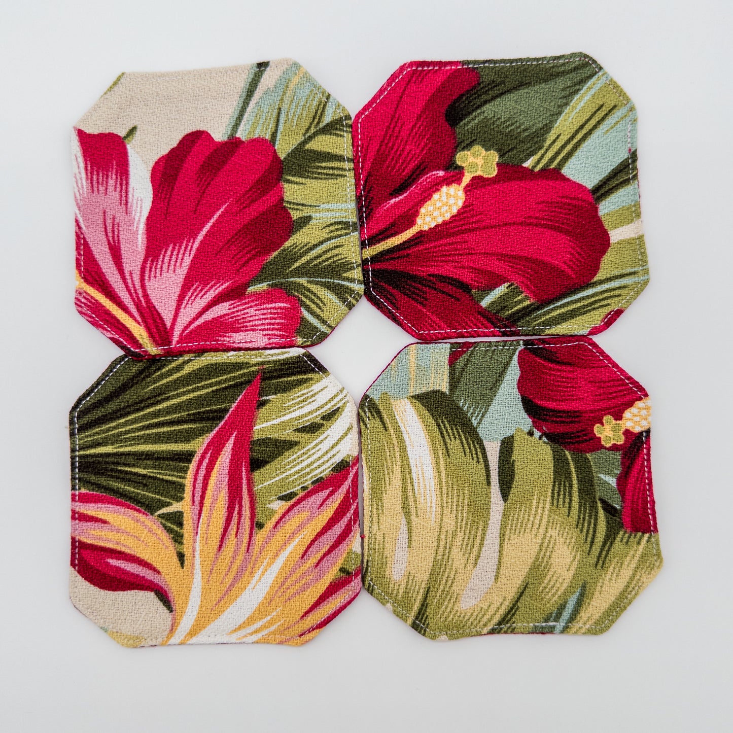 Reversible Hibiscus & Bird of Paradise Fabric Coaster Set with Snap Tray Holder