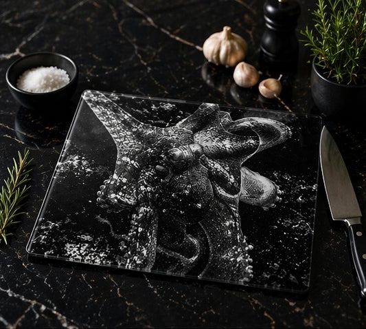 Octopus Glass Cutting Board – Ocean Photography Kitchen Decor, Black & White Coastal Art Board