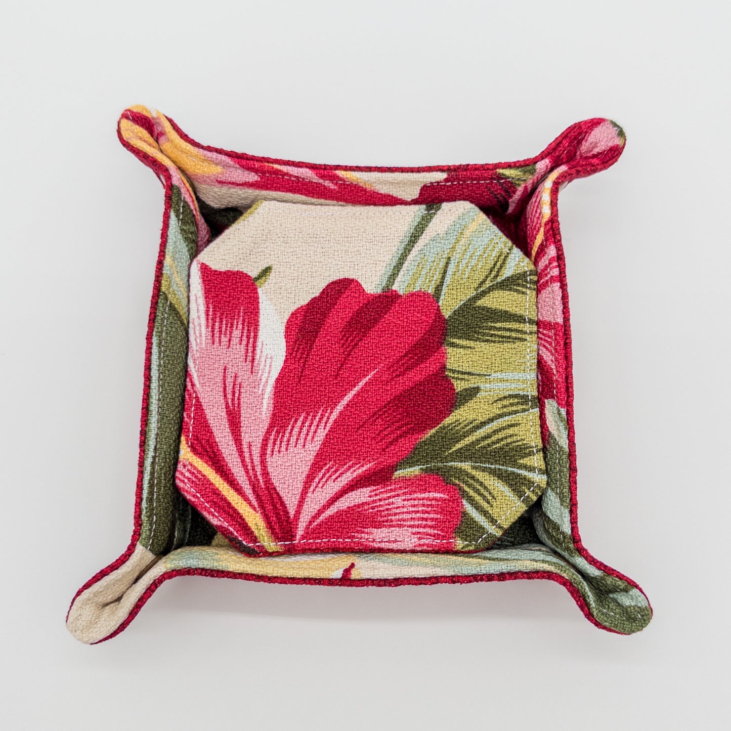 Reversible Hibiscus & Bird of Paradise Fabric Coaster Set with Snap Tray Holder