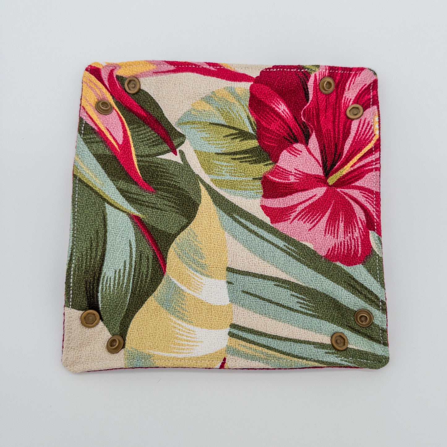 Reversible Hibiscus & Bird of Paradise Fabric Coaster Set with Snap Tray Holder