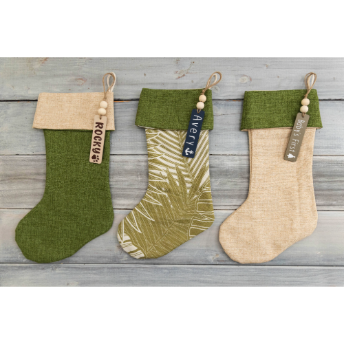 Personalized Hawaiian Barkcloth Christmas Stocking With Wood Tags