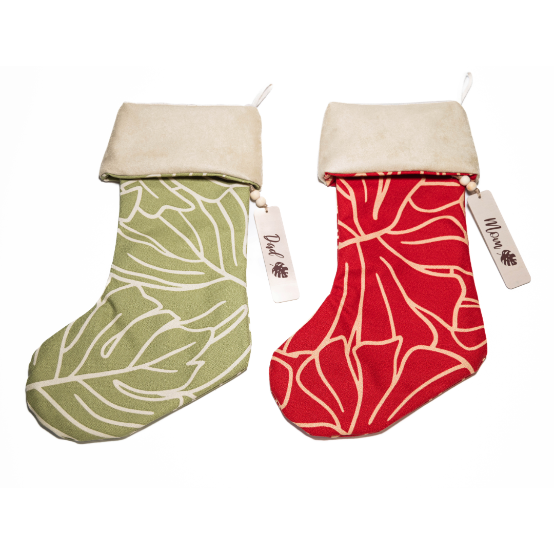 Tropical Monstera Hawaiian Christmas Stocking - Personalized With Wooden Tag or Embroidered Name