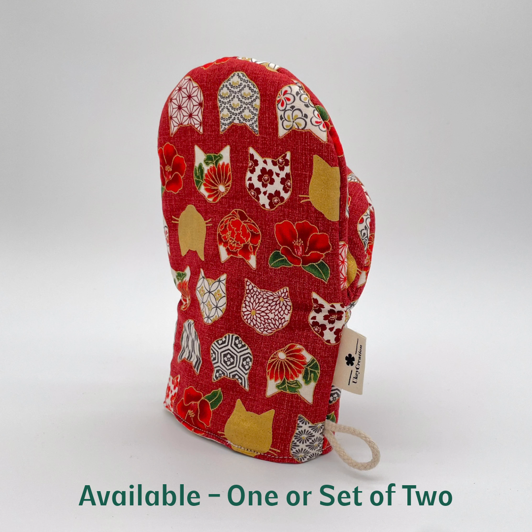 Cat Oven Mitt in Japanese Fabric – One or Two Piece Set | Heat-Resistant | Artisan Kitchen Gift