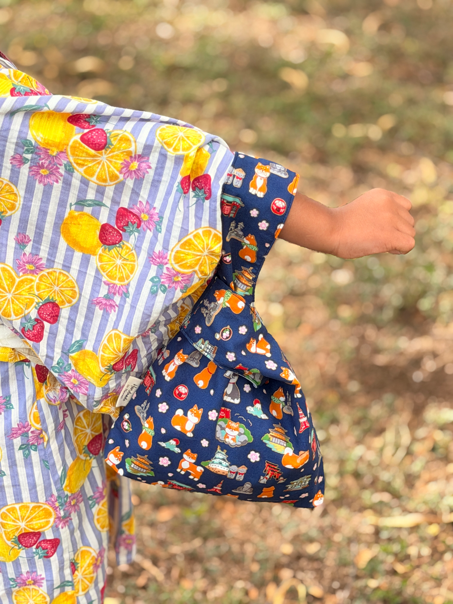 Reversible Japanese Knot Bag | Shiba Inu Summer Festival Print with Hawaiian Palaka Lining | Handmade in Hawaiʻi