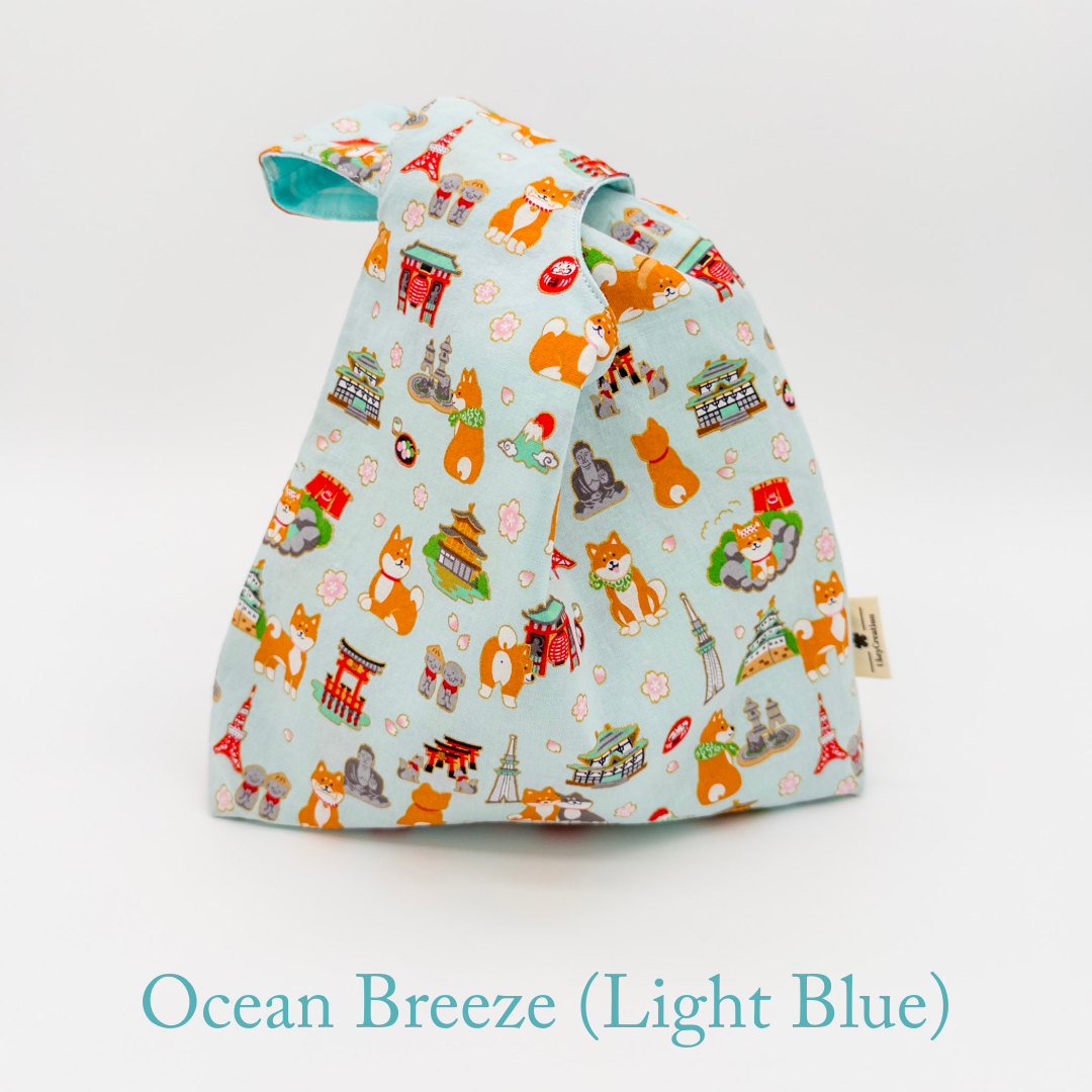 Reversible Japanese Knot Bag | Shiba Inu Summer Festival Print with Hawaiian Palaka Lining | Handmade in Hawaiʻi