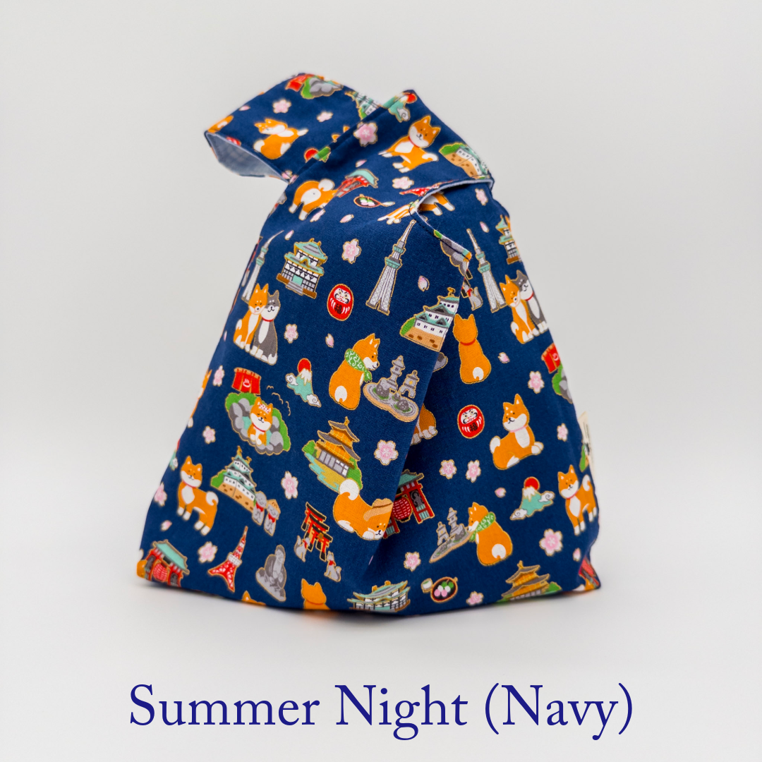 Reversible Japanese Knot Bag | Shiba Inu Summer Festival Print with Hawaiian Palaka Lining | Handmade in Hawaiʻi