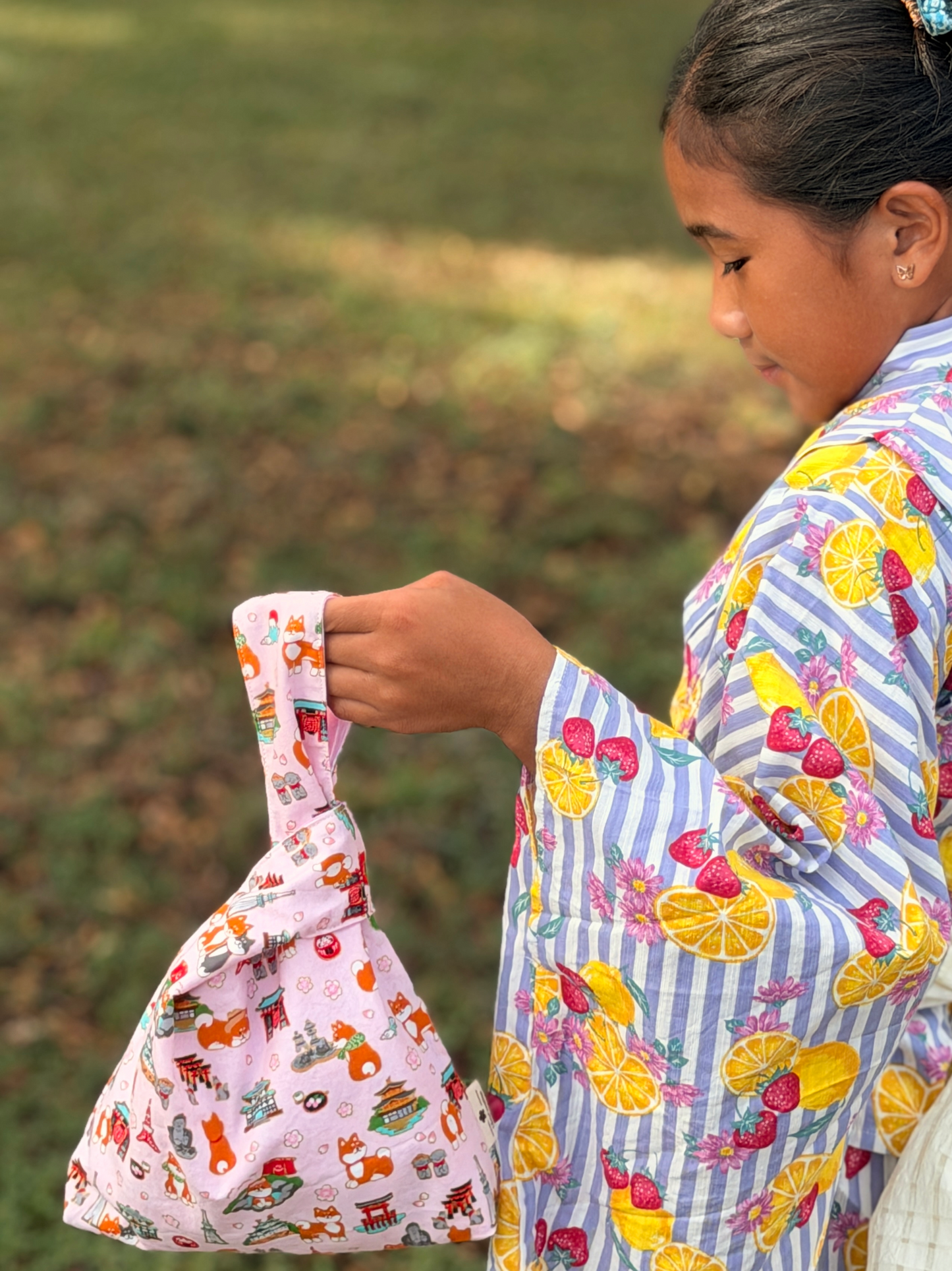 Reversible Japanese Knot Bag | Shiba Inu Summer Festival Print with Hawaiian Palaka Lining | Handmade in Hawaiʻi