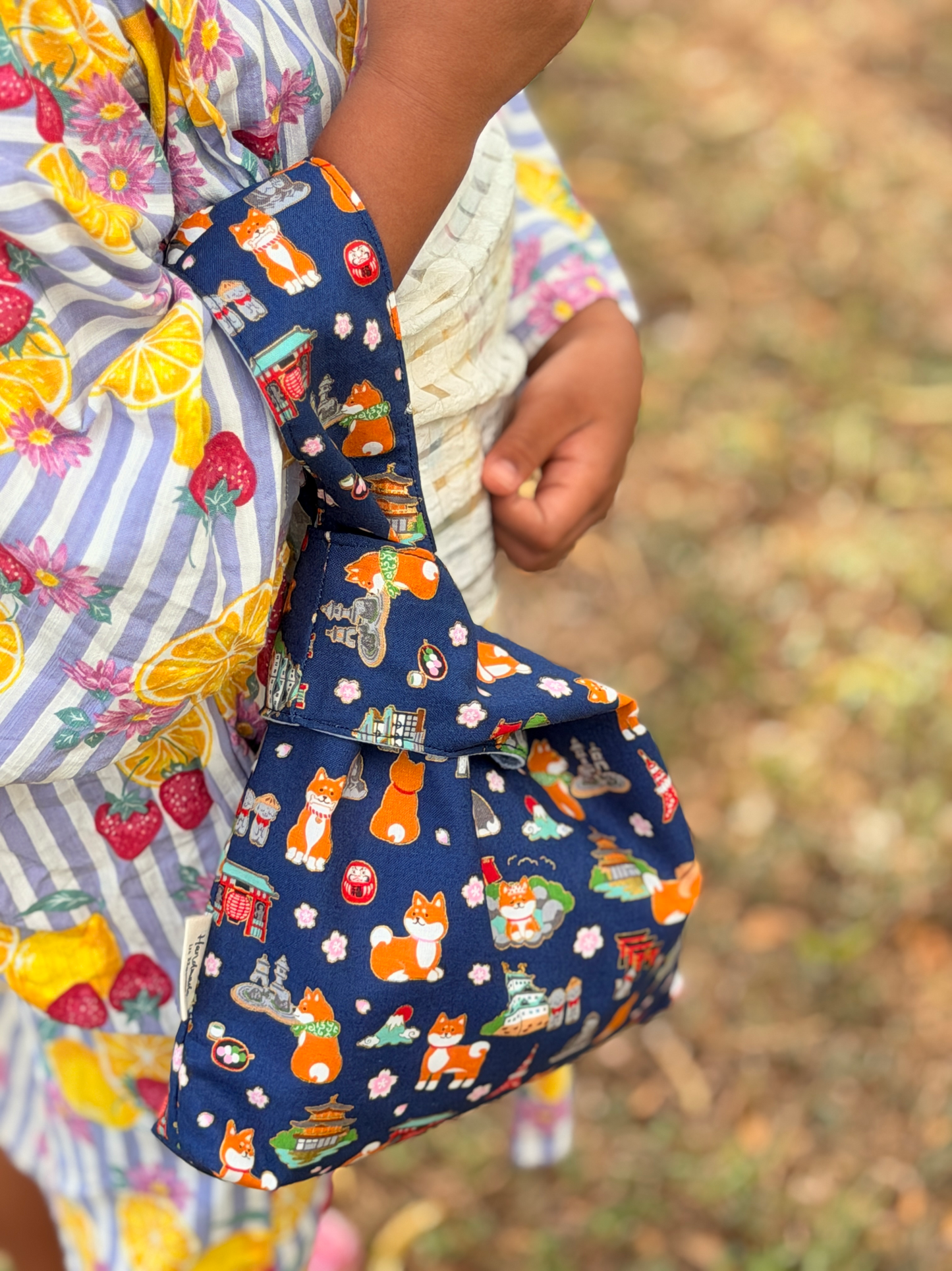 Reversible Japanese Knot Bag | Shiba Inu Summer Festival Print with Hawaiian Palaka Lining | Handmade in Hawaiʻi