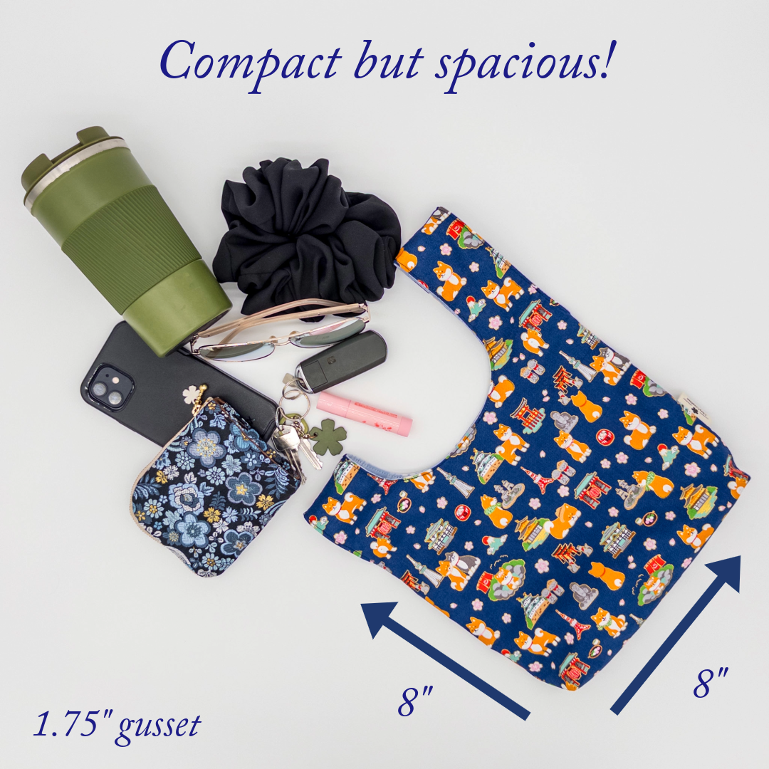 Reversible Japanese Knot Bag | Shiba Inu Summer Festival Print with Hawaiian Palaka Lining | Handmade in Hawaiʻi