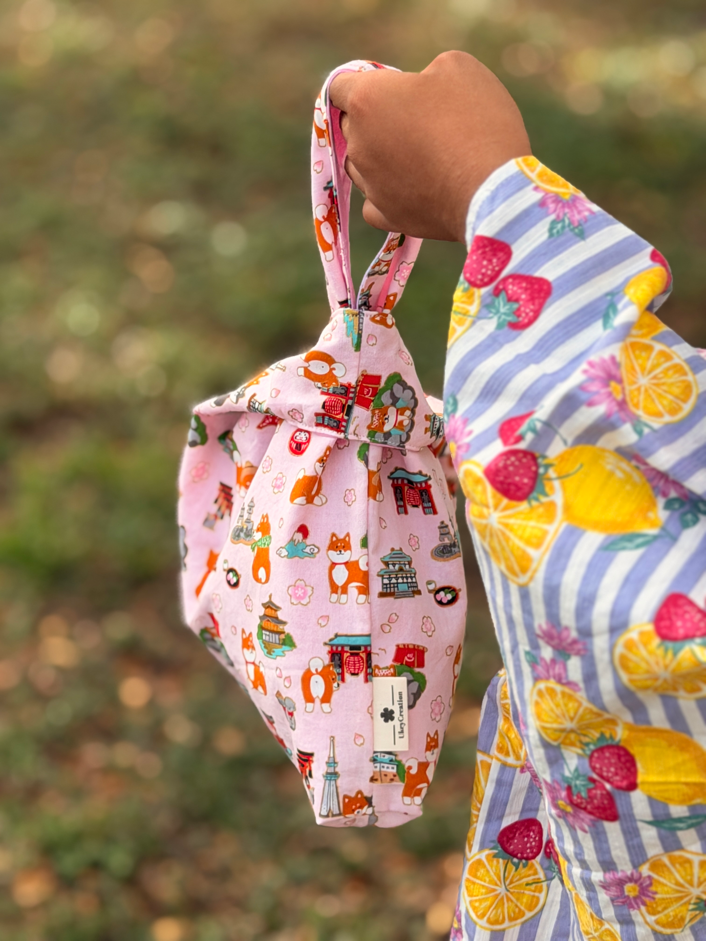 Reversible Japanese Knot Bag | Shiba Inu Summer Festival Print with Hawaiian Palaka Lining | Handmade in Hawaiʻi